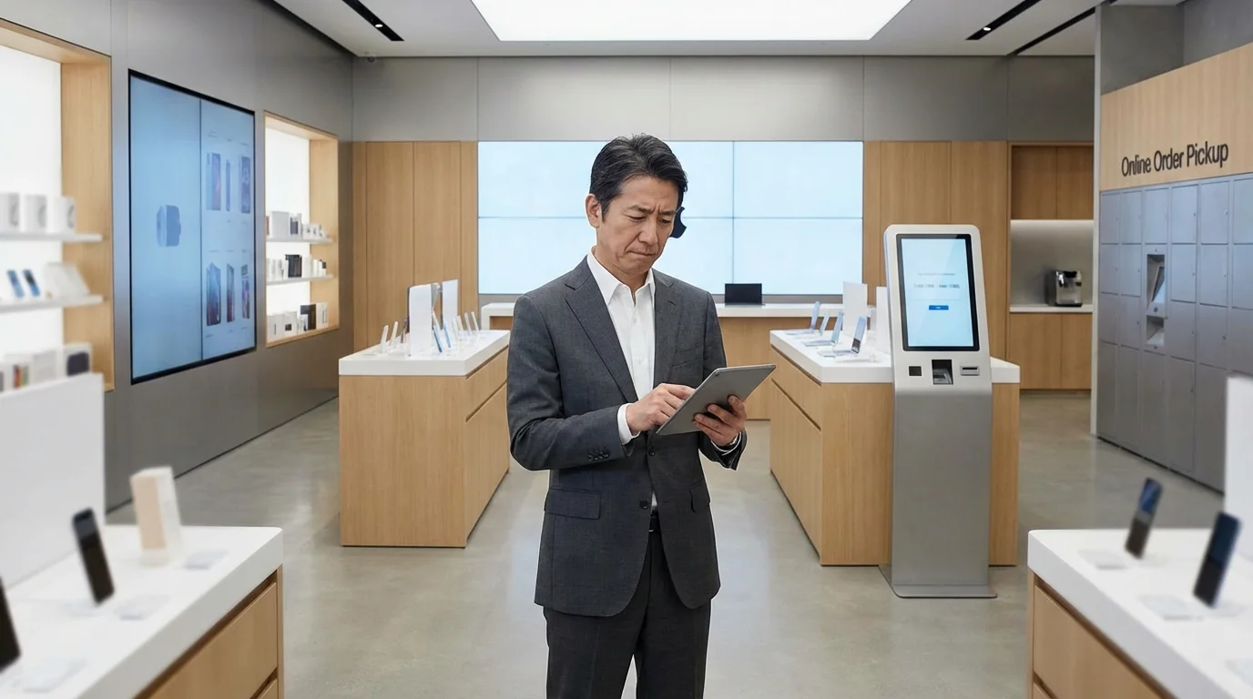 A modern retail store interior integrated with digital kiosks and mobile shopping features, illustrating the BOPIS concept where customers pick up online orders in a physical location.
