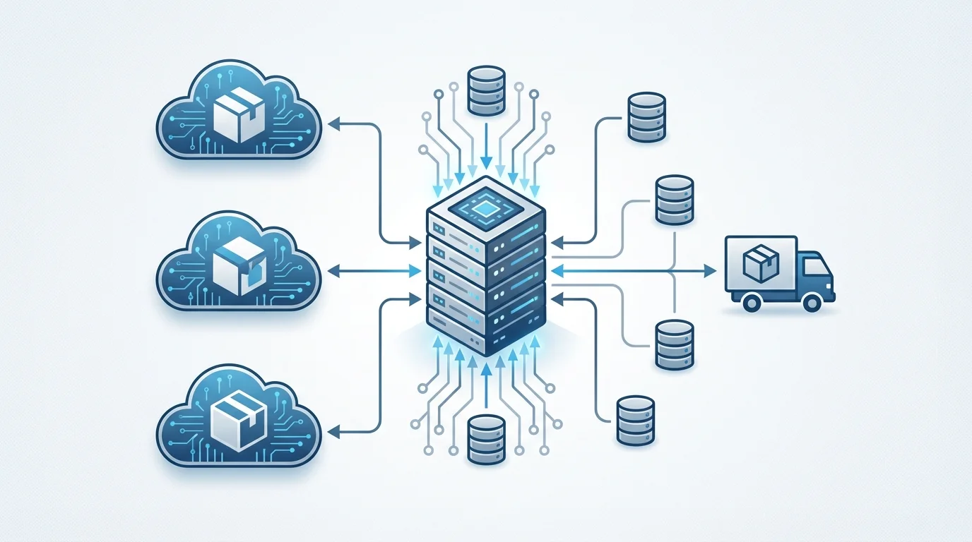 A complex technical diagram illustrating the integration between an e-commerce backend system and major marketplace APIs for real-time inventory and shipping status updates to ensure high delivery standards.