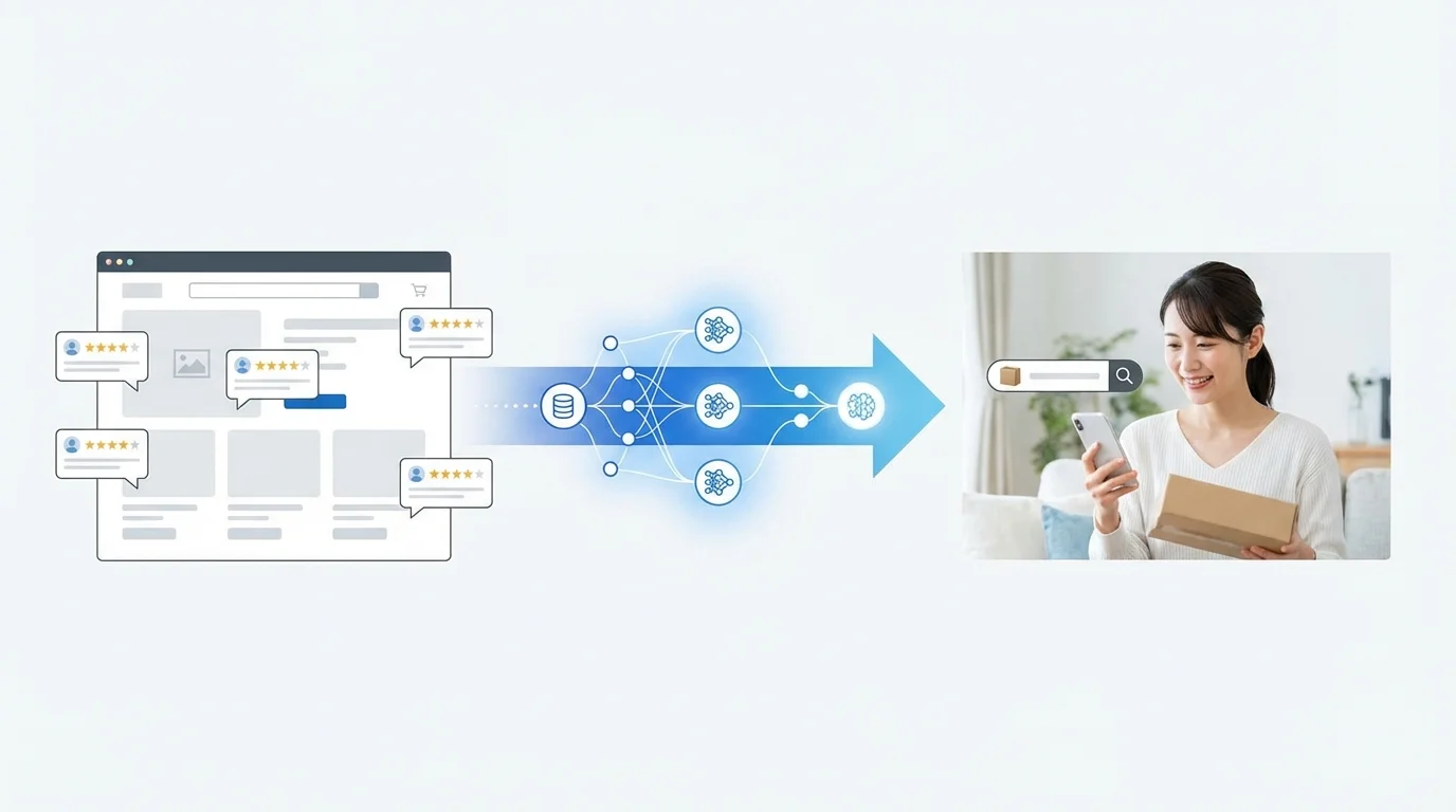 A conceptual architectural diagram illustrating the flow of data from raw customer reviews through a machine learning processing layer into optimized product metadata for long-tail SEO dominance.