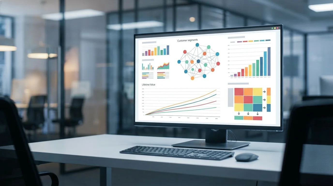 A professional data analytics dashboard visualizing customer segments and lifetime value growth patterns based on qualitative feedback. No text or logos.