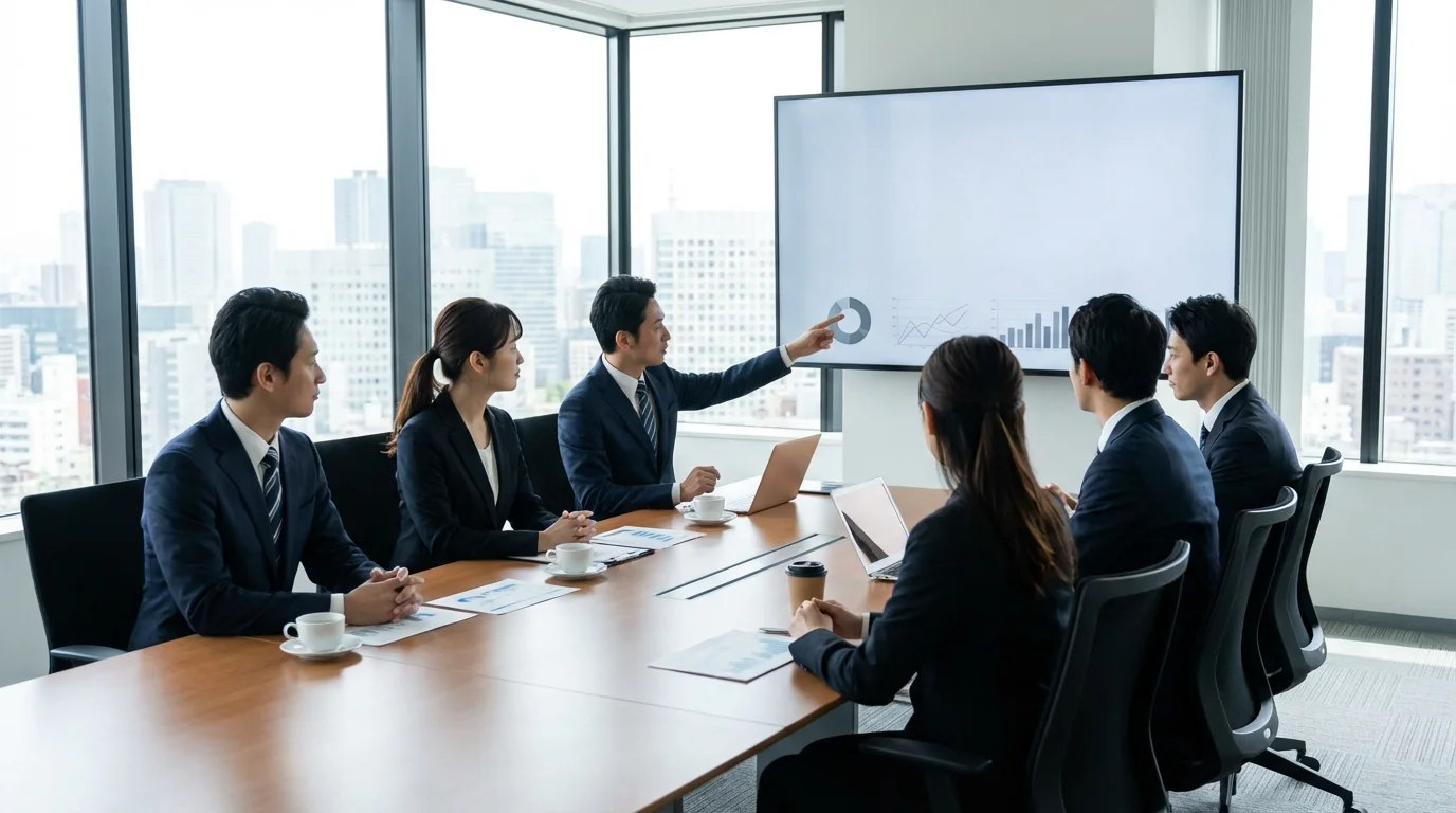 A strategic business meeting focusing on e-commerce compliance and risk management planning for Rakuten store operations to prevent point accumulation.