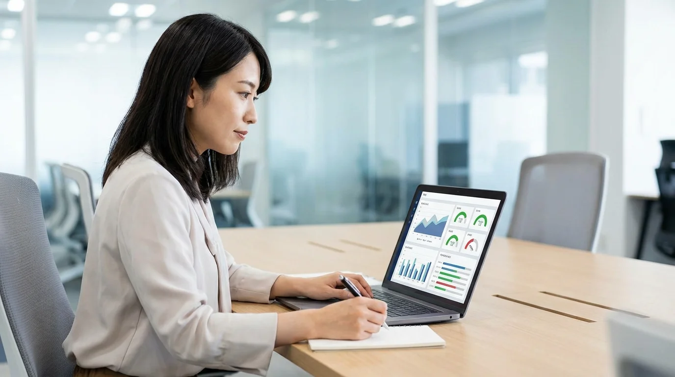 E-commerce manager analyzing performance metrics and compliance scores on a laptop, ensuring the store adheres to Rakuten's strict regulatory guidelines.