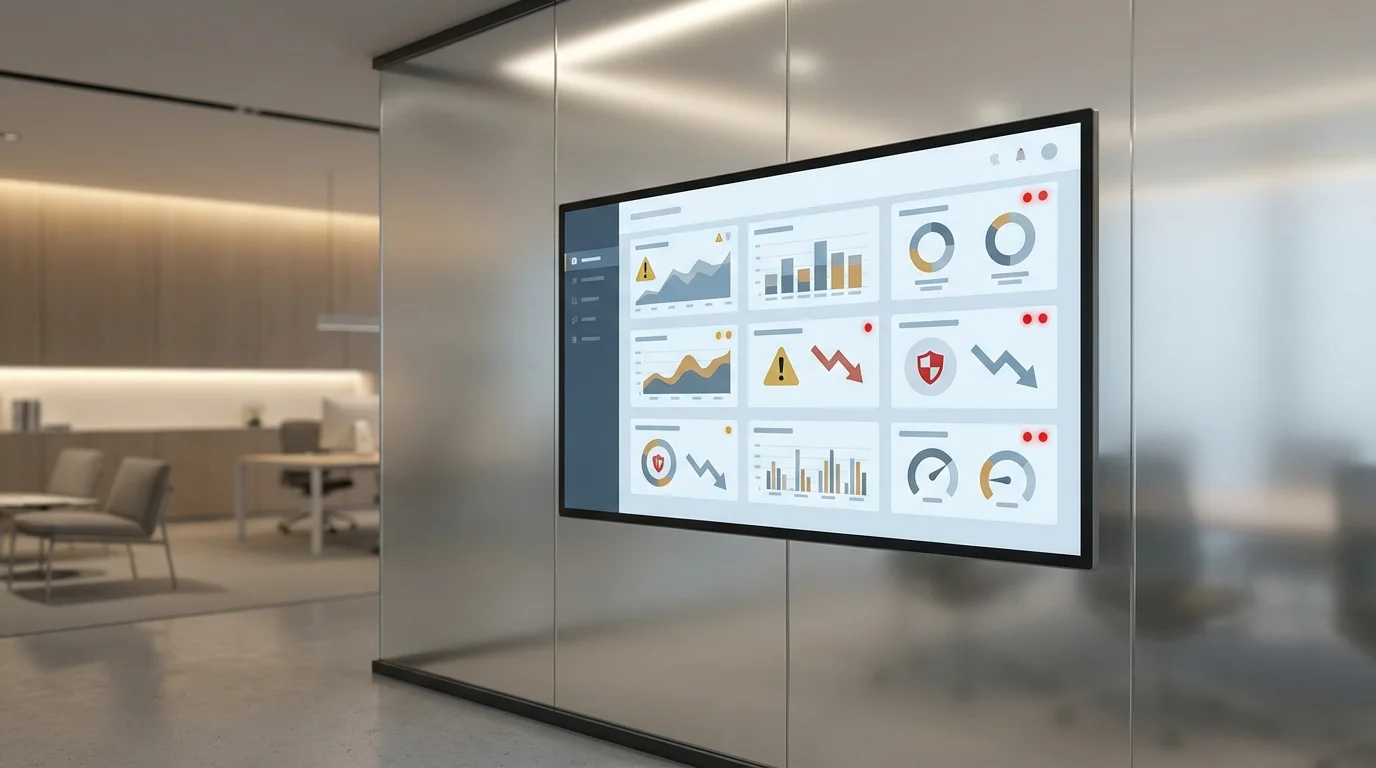 A conceptual visual showing a professional business dashboard with caution symbols and performance metrics representing e-commerce compliance and risk management.