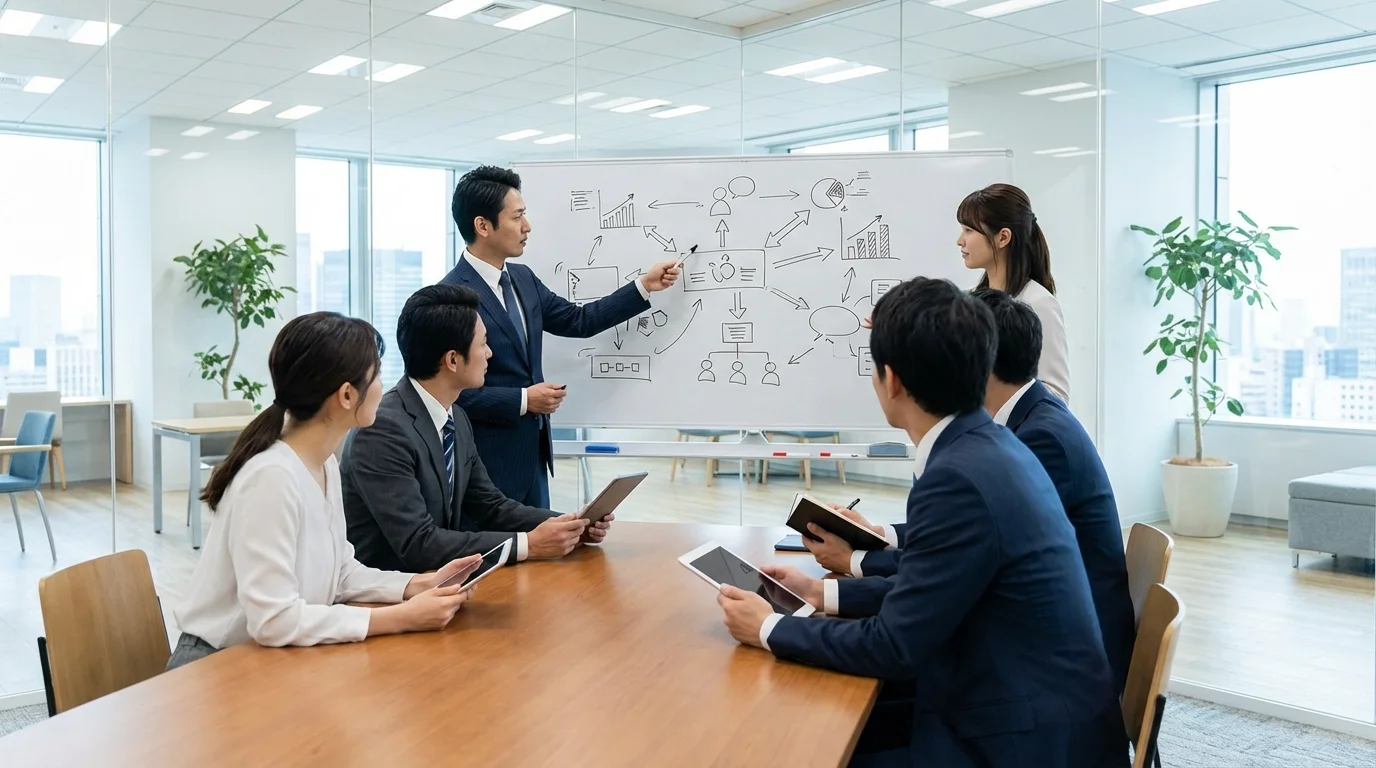 A professional business team collaborating on a strategic roadmap for e-commerce growth and risk mitigation in a modern office environment.