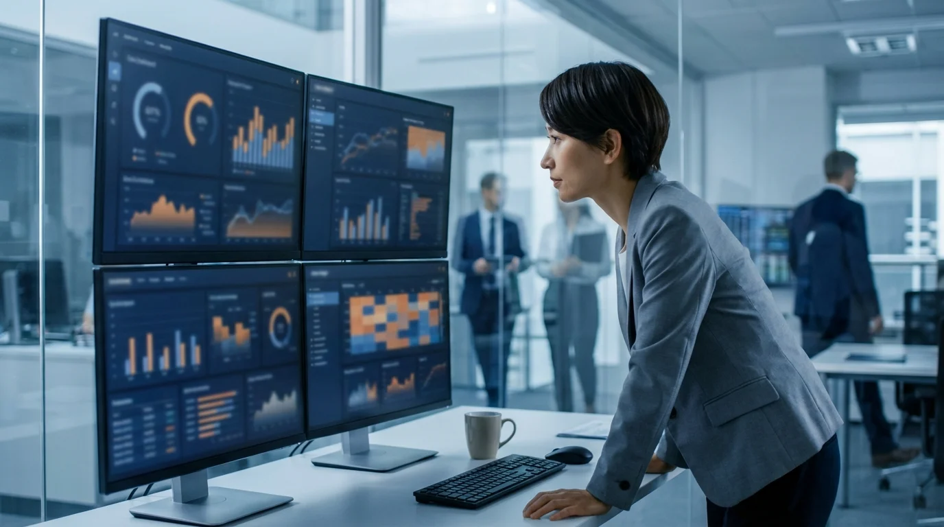 A professional data analyst examining complex risk metrics on multiple monitors, focusing on compliance monitoring and prohibited item detection algorithms within a large-scale e-commerce marketplace platform.