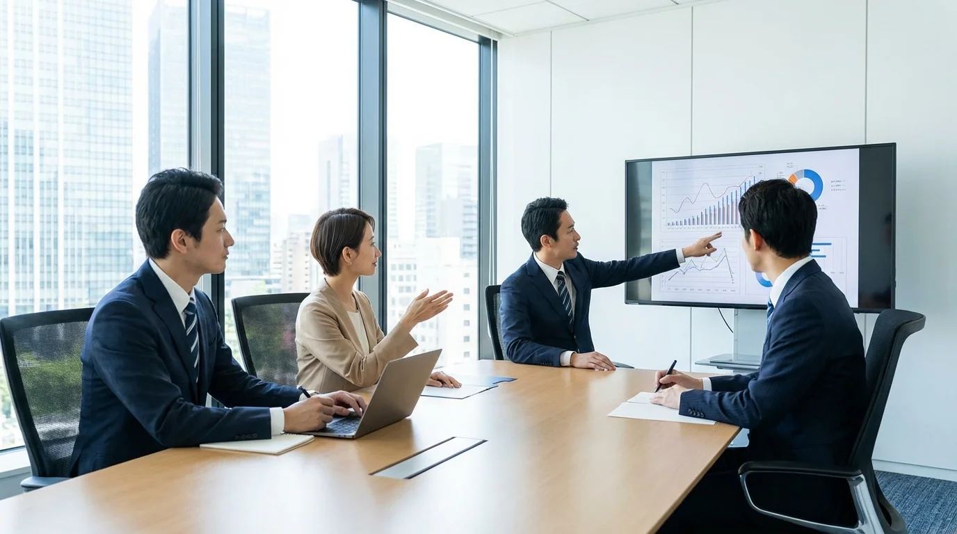 A professional team in a meeting room discussing risk management strategies and compliance guidelines for an e-commerce business to prevent penalties.