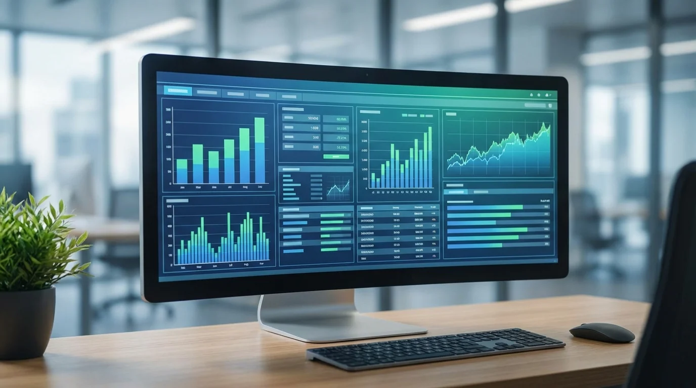 Detailed financial spreadsheet on a computer monitor showing various e-commerce metrics including GMV, commission rates, and net profit margins for professional business analysis.