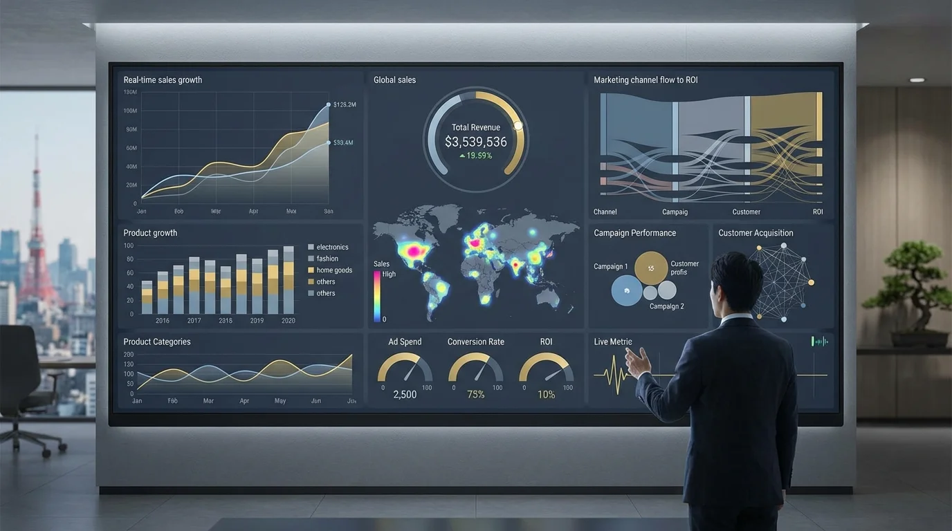 A high-tech data visualization dashboard showing real-time e-commerce sales performance and marketing ROI metrics for a large scale digital marketplace store.