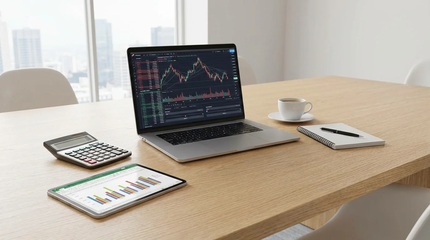 Professional business data analysis showing financial charts, calculator, and digital tablet on a desk representing e-commerce profit and loss calculation and strategic planning.