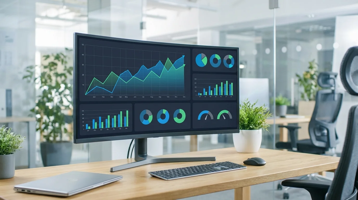 Detailed financial dashboard displaying e-commerce metrics, conversion rates, and revenue growth patterns on a high-resolution monitor in a modern office setting.