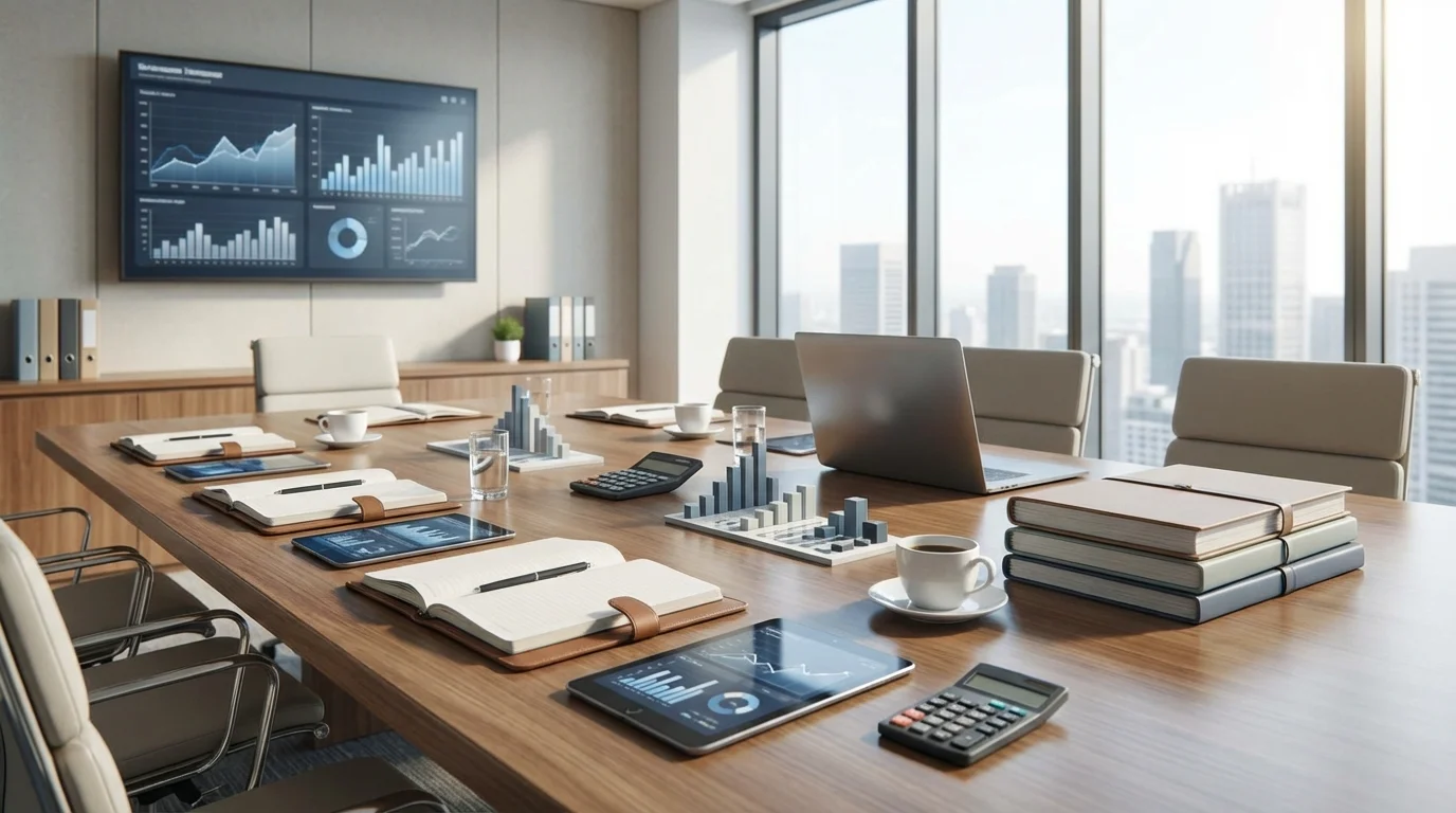 Strategic business meeting environment with financial reports, data visualization charts, and professional tools for calculating break-even points and e-commerce ROI.