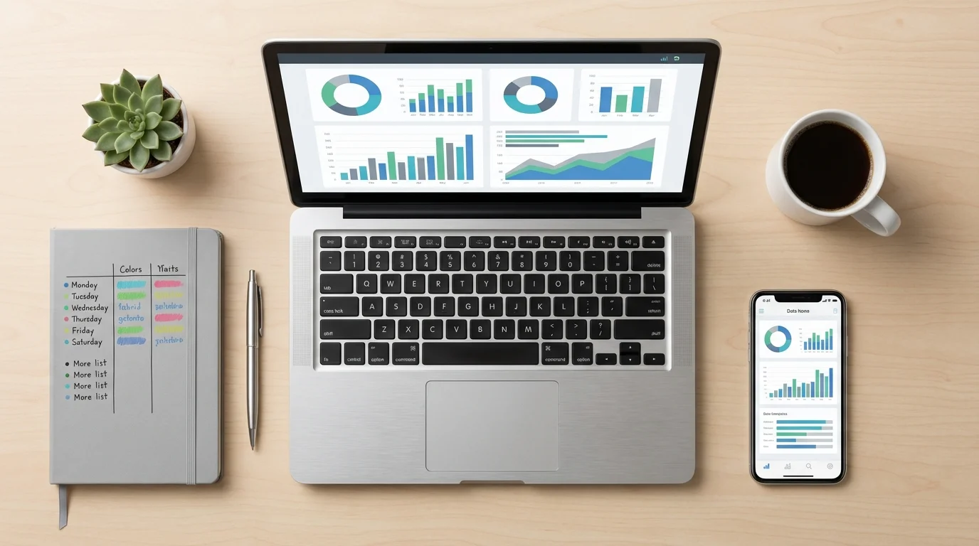 An overhead view of a modern office desk with a laptop displaying data analytics, a smartphone, and a notebook, illustrating the systematic tracking of sales and payout schedules in a professional business environment.