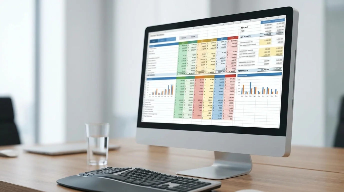 A detailed financial spreadsheet on a computer screen showing columns for revenue, fees, and net payouts, representing the complex calculation of e-commerce profit margins and cash flow optimization.