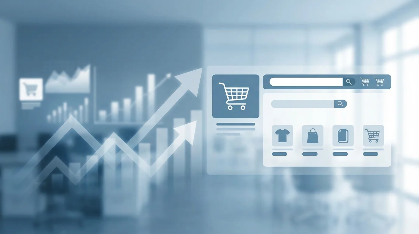 A conceptual visual representing Yahoo Shopping advertising optimization, showing data charts, rising arrows, and e-commerce shopping interface elements on a clean professional background.