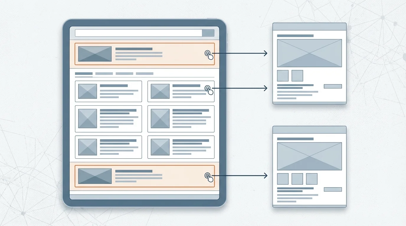 A technical diagram illustrating the Yahoo Shopping Search Result Page structure, highlighting the ad slots at the top and bottom, and showing how user clicks lead to product detail pages.