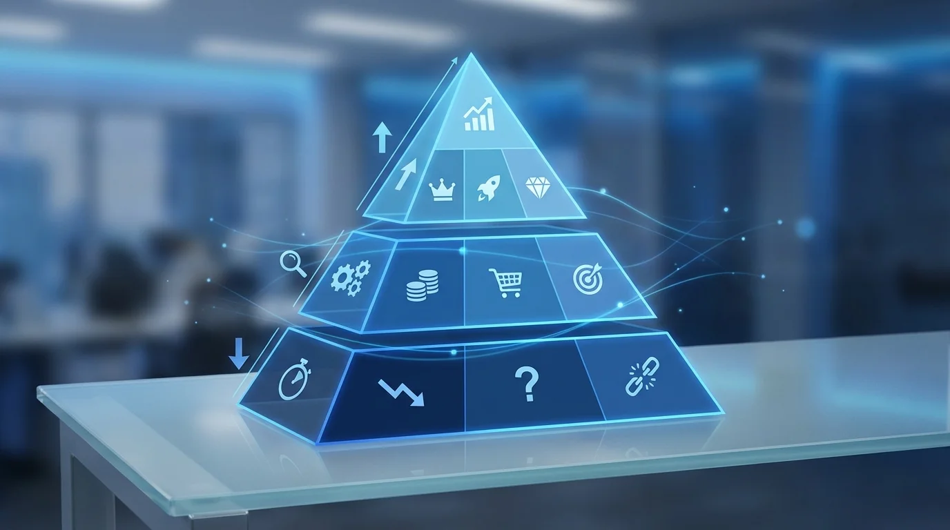 A professional business framework visualization showing MECE categorization of products into different performance tiers for e-commerce advertising strategy, using clean icons and blue tones.