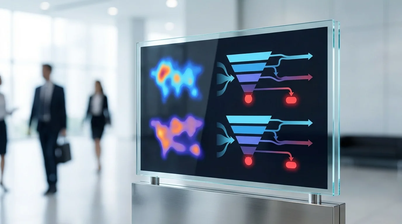High-tech data visualization showing user behavior heatmaps and purchasing funnels on a futuristic screen to identify friction points in the customer journey.