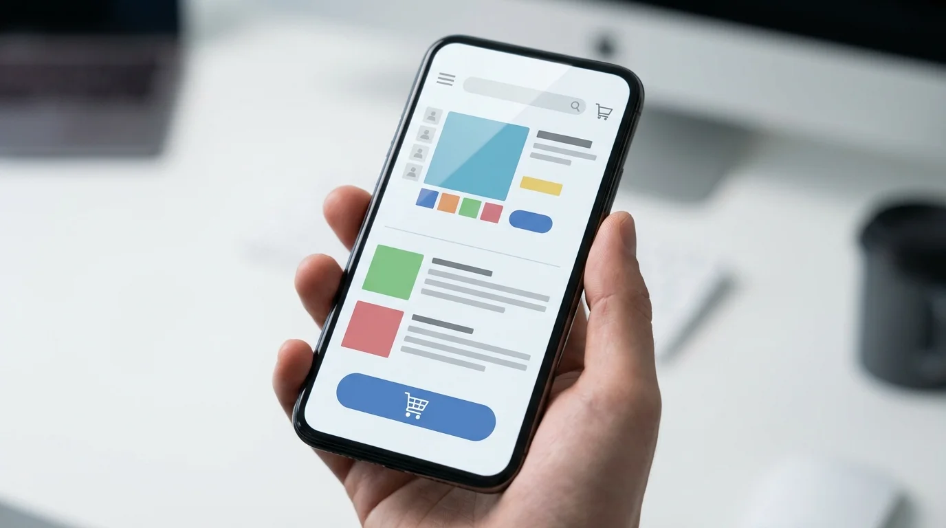 Close-up of a high-quality smartphone screen displaying an optimized e-commerce product page with clear navigation, readable text, and a prominent buy button.