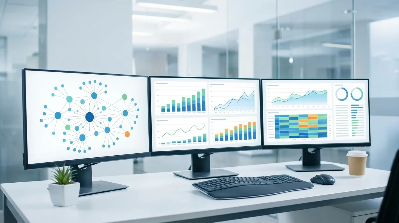 Detailed search engine optimization strategy visualization showing search query data and performance analysis on multiple monitor screens.