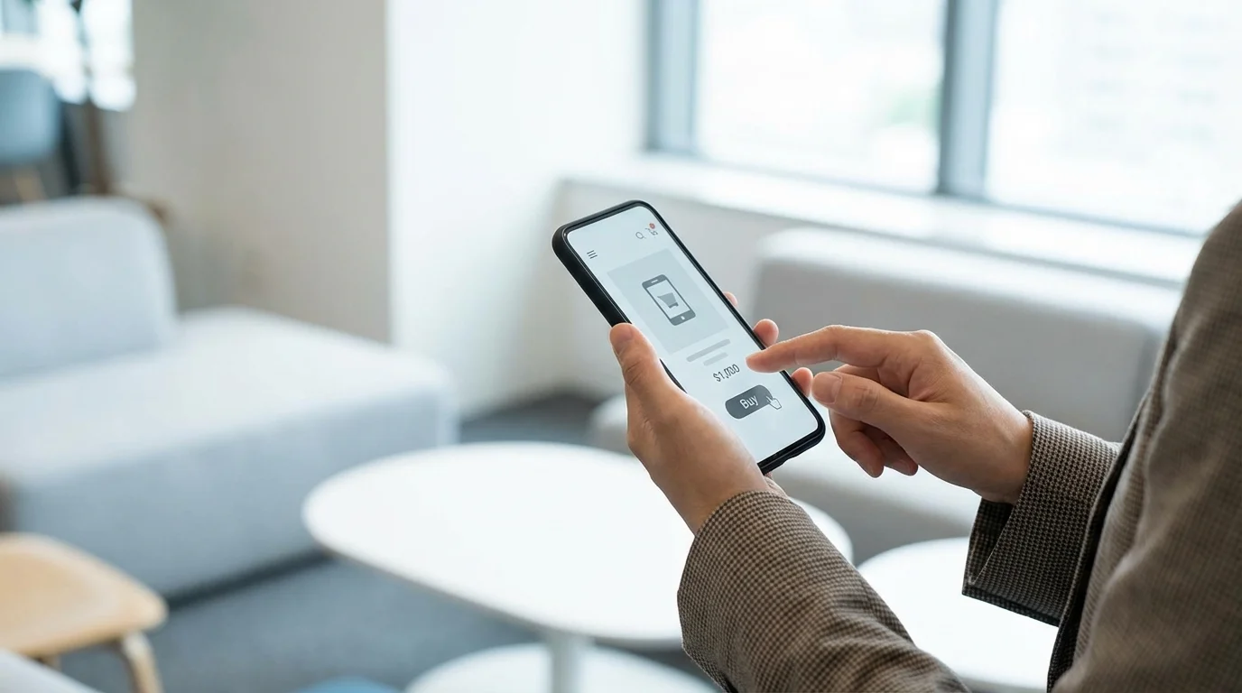 A consumer browsing an online marketplace on a smartphone, highlighting the critical moment of purchase decision in e-commerce.