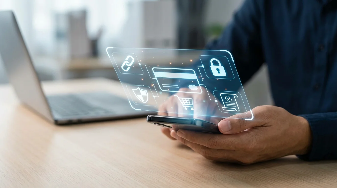 A conceptual visual representing legal compliance and digital contracts on a smartphone screen, emphasizing clarity and trust in e-commerce transactions.