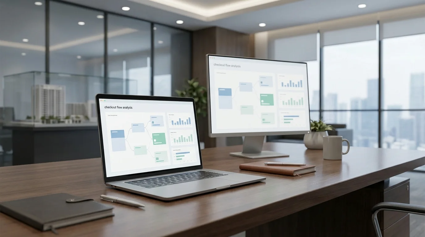 A professional workspace with a laptop displaying a checkout flow analysis, highlighting the importance of clear pricing and terms in the final confirmation screen.