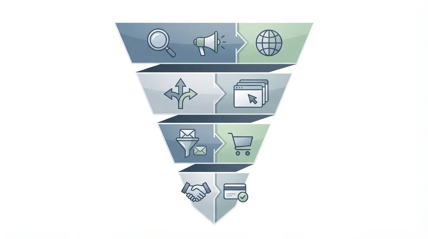 Business strategy diagram illustrating the marketing funnel from awareness to conversion, specifically tailored for digital marketplace advertising with clean icons and professional typography.
