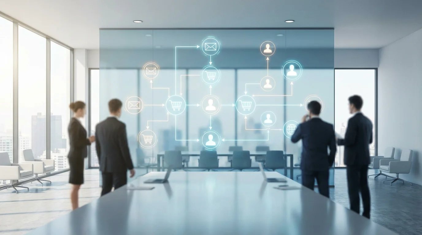 A conceptual visual showing digital marketing automation with a focus on email communication strategies for e-commerce growth and customer relationship management.