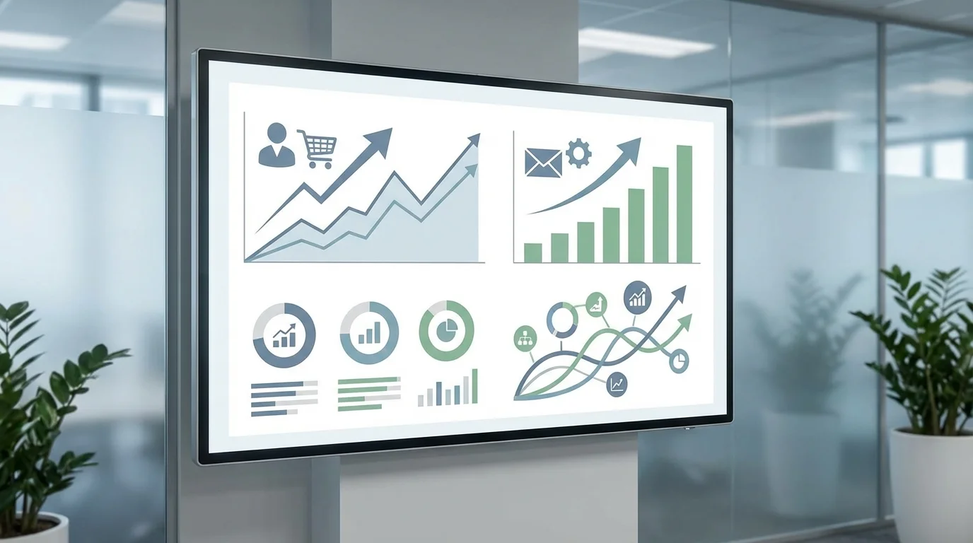 Data visualization dashboard showing the growth of e-commerce customer retention metrics and the increasing return on investment from automated email marketing campaigns.