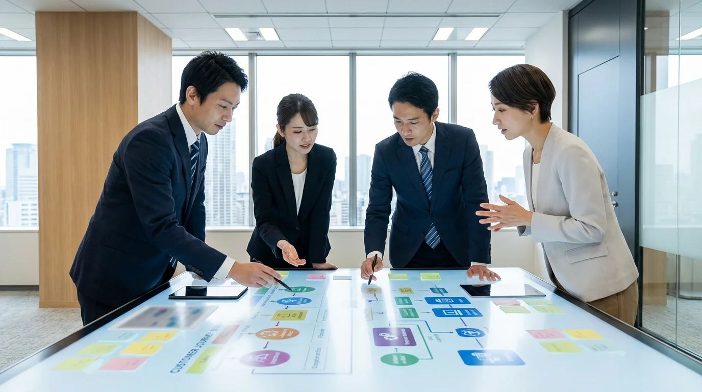 Professional business team analyzing customer journey maps and marketing automation workflows to optimize conversion rates for an online retail store.