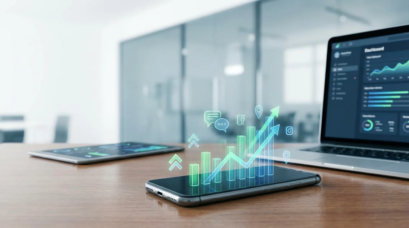 Conceptual visual of digital marketing strategy and mobile CRM integration showing a smartphone screen with growth charts and customer engagement icons, representing EC LINE marketing.