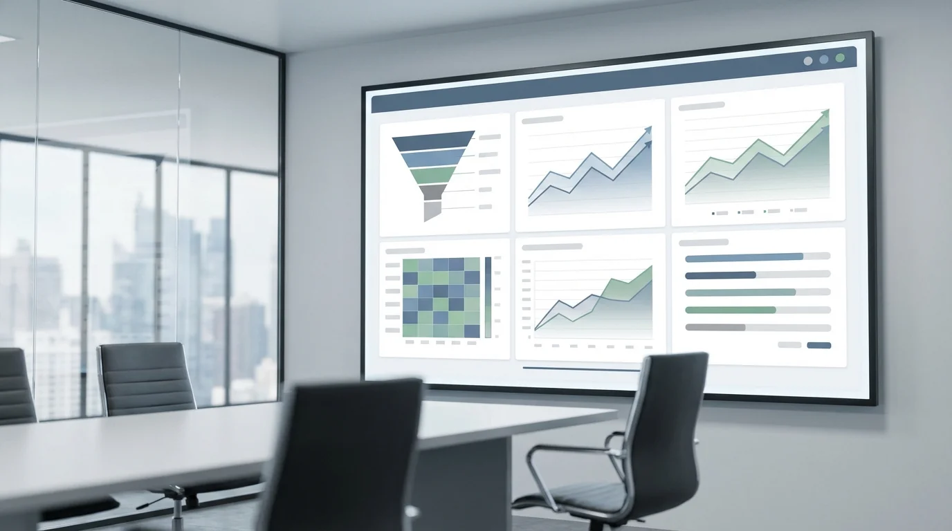 Professional business data analysis dashboard showing conversion rates and customer journey metrics for an e-commerce platform using CRM tools.