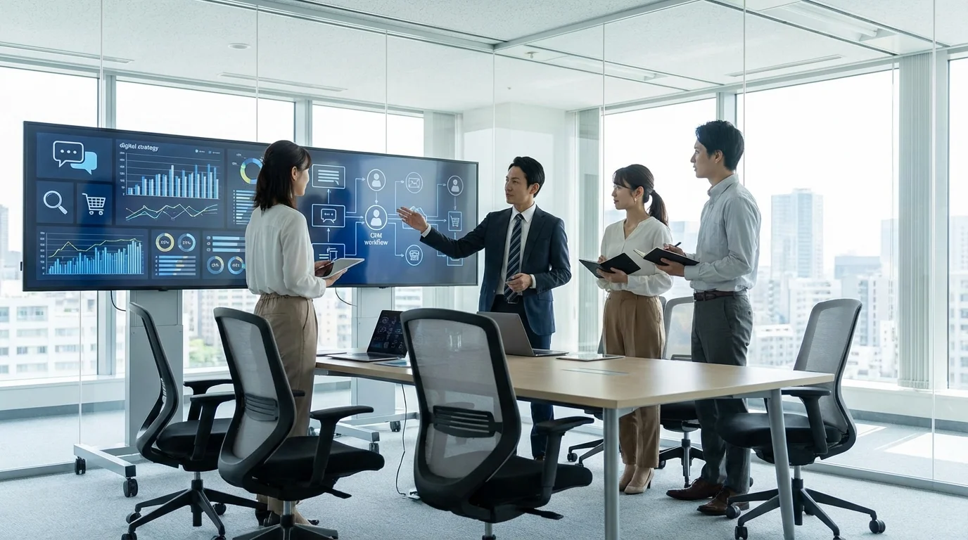 A professional business setting where a team is analyzing digital communication strategies and customer relationship management workflows on multiple screens for an online retail store.