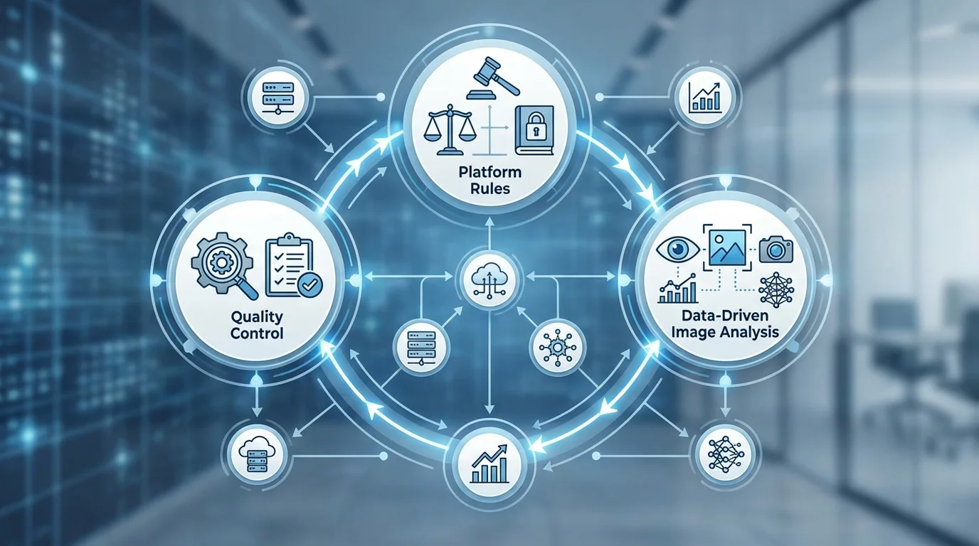 A professional infographic representing an e-commerce compliance framework, showing interconnected nodes of quality control, platform rules, and data-driven image analysis for online retailers.