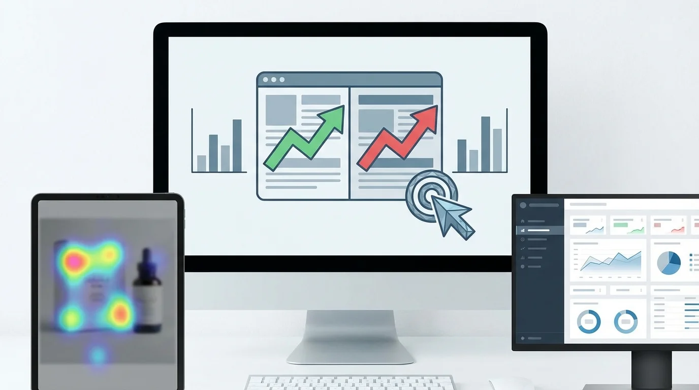 A strategic visualization of click-through rate optimization, featuring A/B testing charts, heatmaps of user attention on product photos, and digital marketing performance metrics.