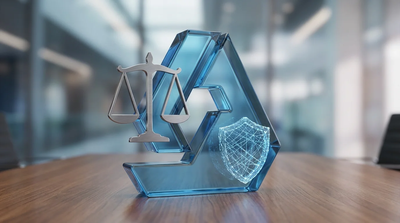 An abstract business concept image representing legal compliance and ethical marketing practices, featuring scales of justice and a digital shield to protect brand reputation.