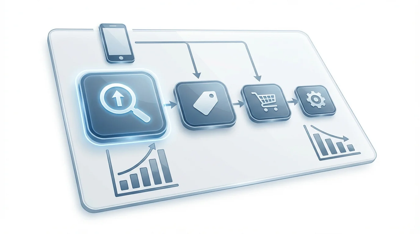 A technical diagram showing the hierarchy of SEO keywords for Yahoo Shopping product titles, emphasizing the importance of placing high-search-volume terms at the beginning of the string for mobile optimization.