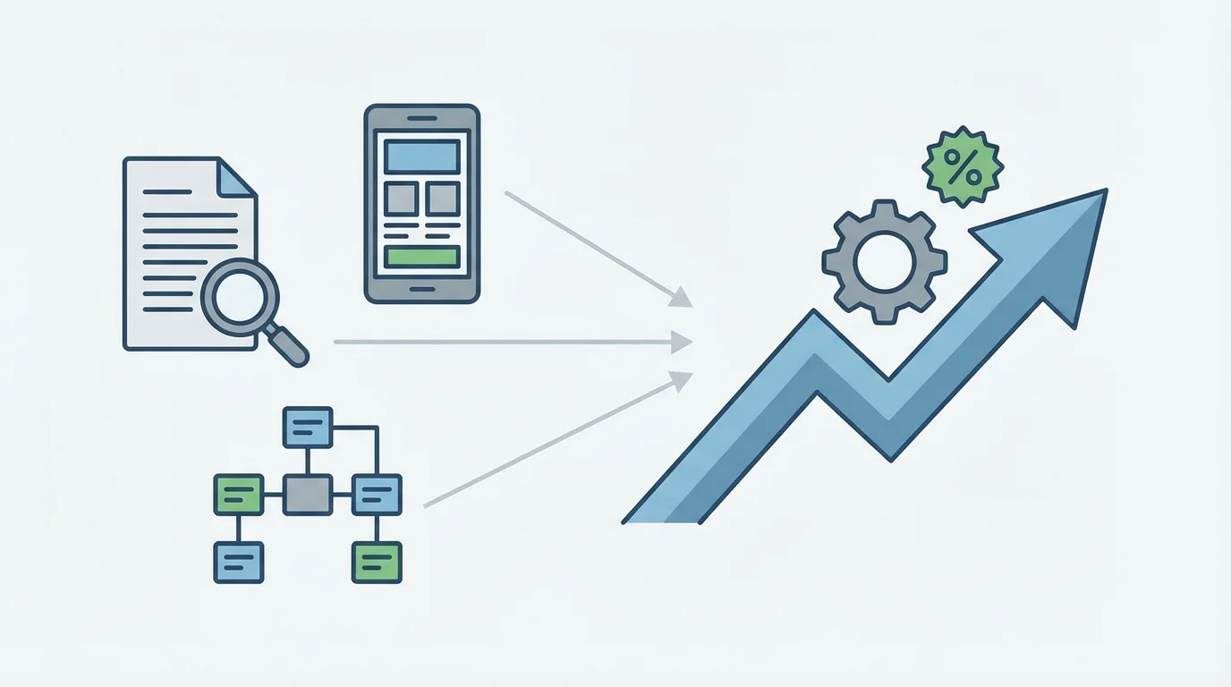 A business visualization showing the correlation between detailed product descriptions and conversion rate improvements on Yahoo Shopping, highlighting the impact of mobile-friendly HTML layouts and structured data.