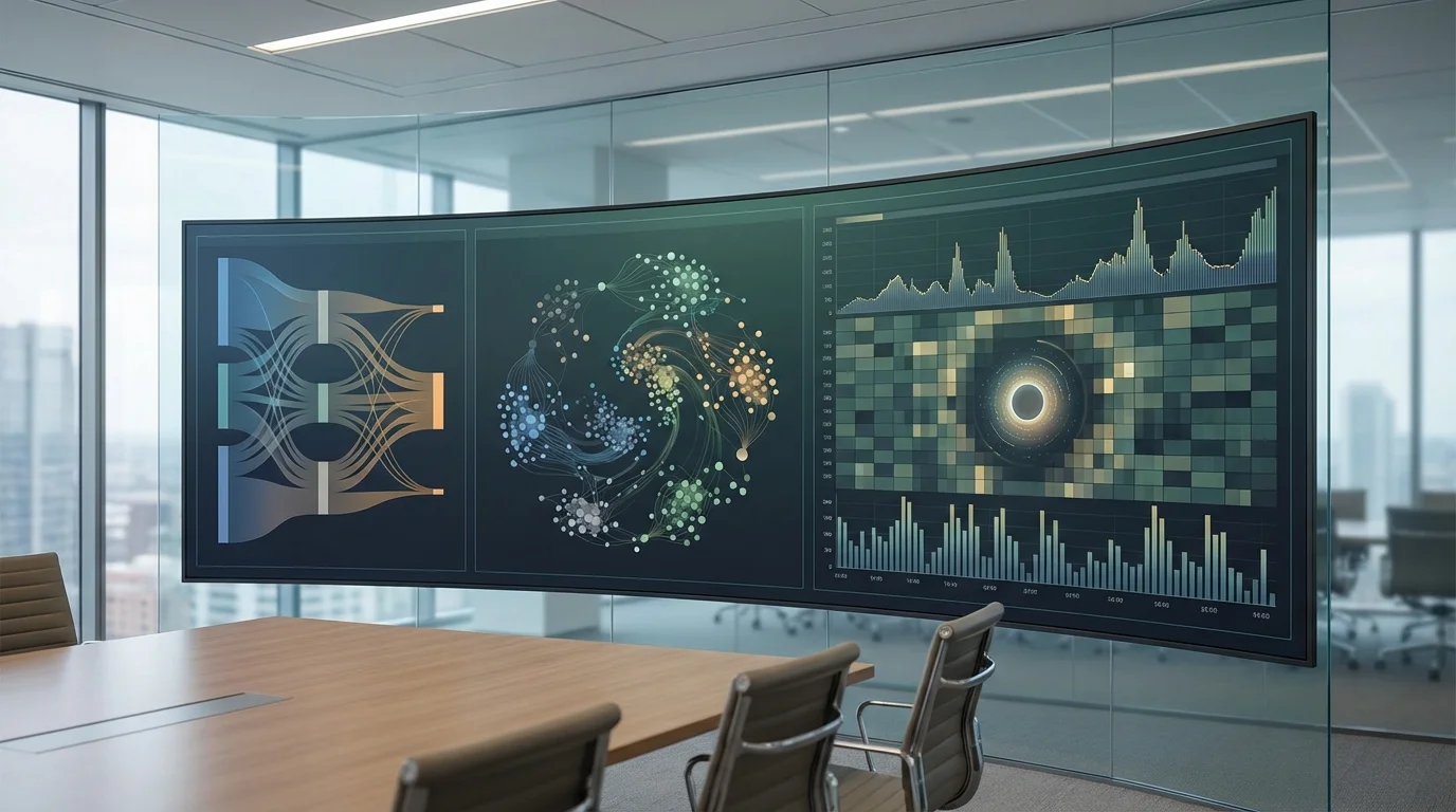 Sophisticated data analytics interface showcasing user conversion funnels, behavioral clustering, and real-time performance of recommendation engines.