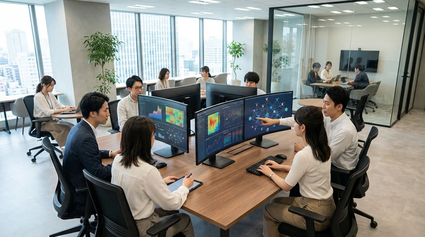 A professional collaborative workspace where data scientists and marketing strategists analyze neural network models for predictive commerce.