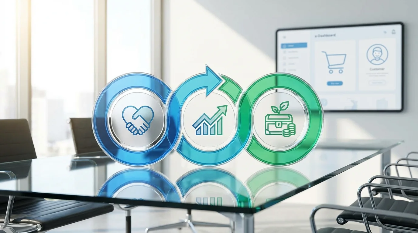 A conceptual visual representing e-commerce repeat rate improvement strategies, showing a virtuous cycle of customer loyalty, retention metrics, and long-term value growth for a digital storefront.