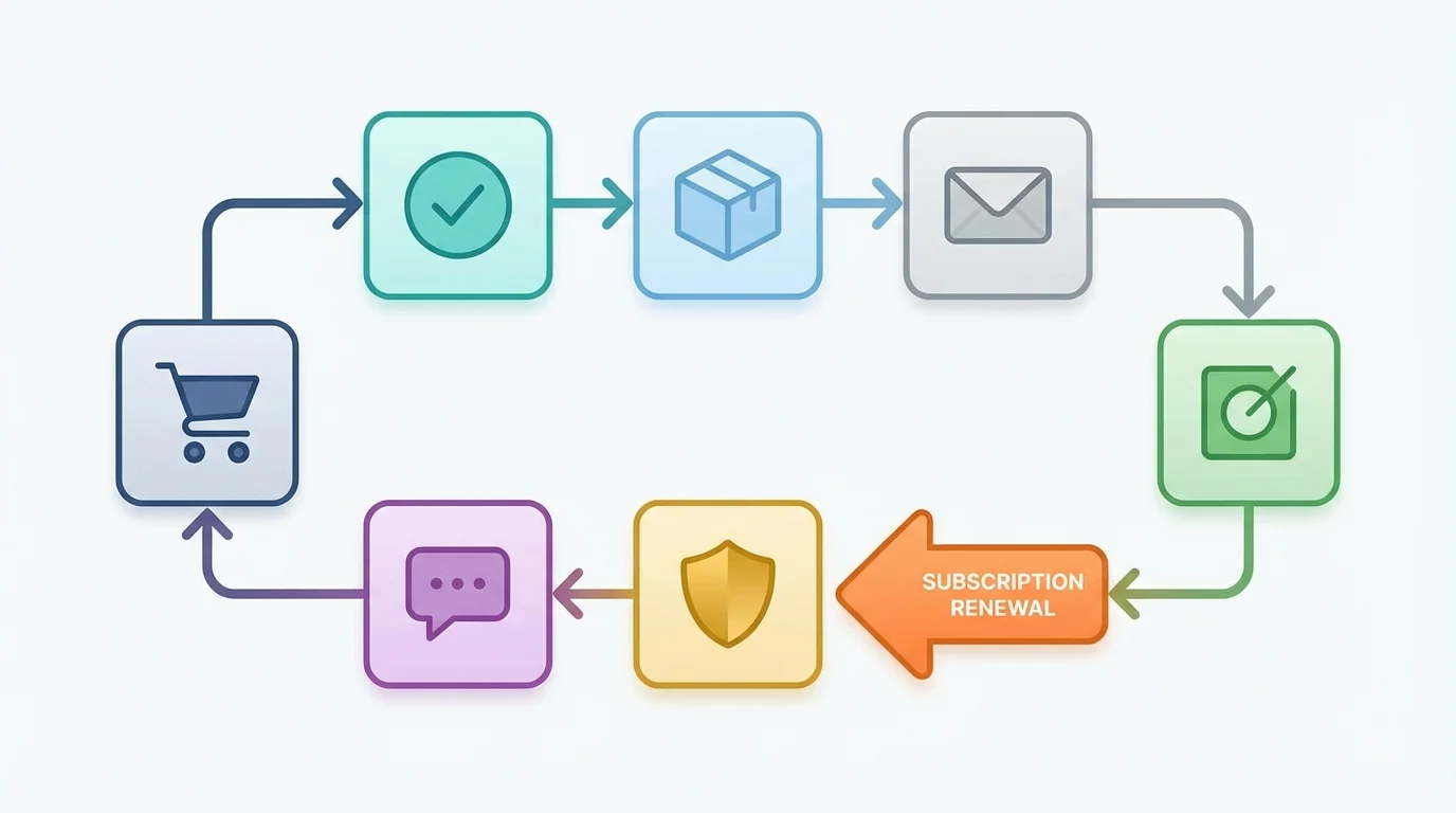A detailed diagram of a customer journey map for a recurring e-commerce business model, illustrating touchpoints from initial purchase to post-purchase engagement and long-term loyalty program participation.