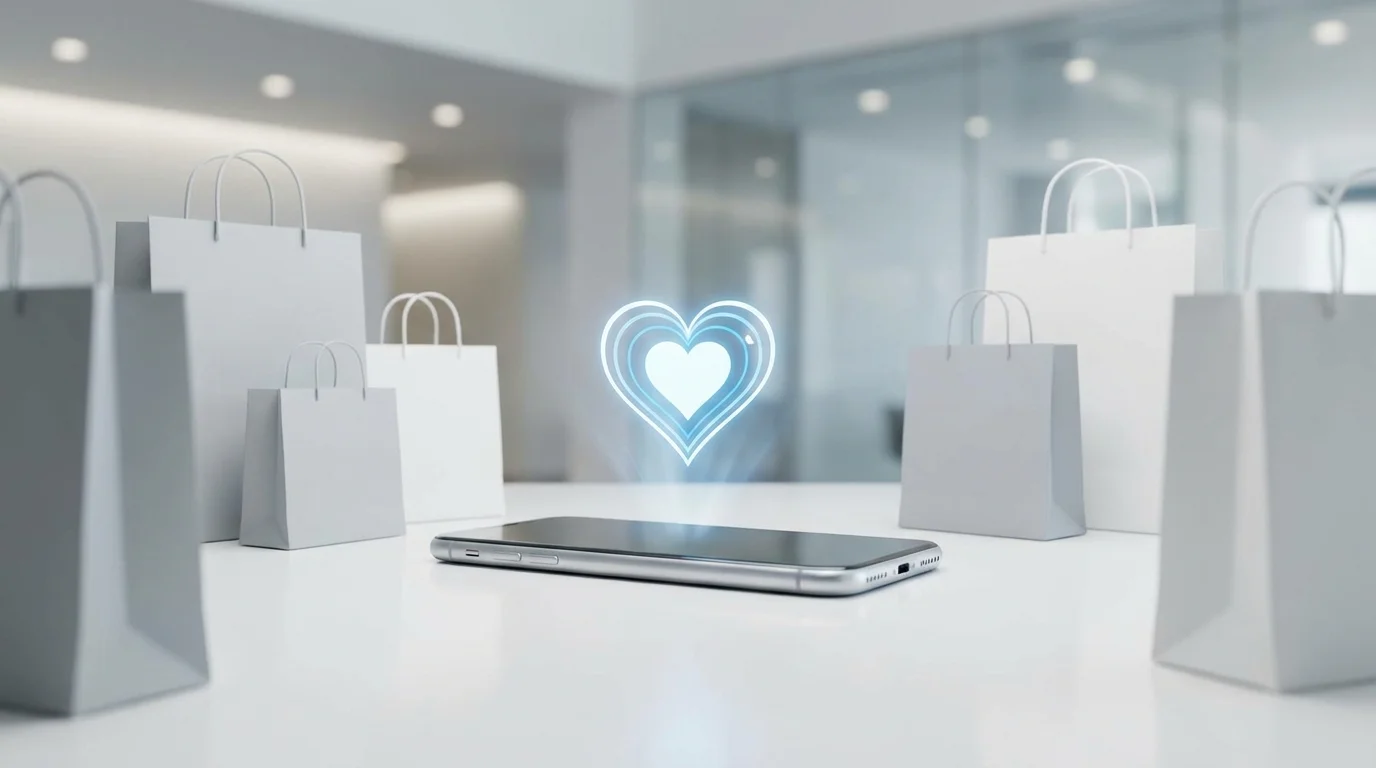 A conceptual visual showing a digital heart icon emerging from a smartphone screen surrounded by shopping bags, representing emotional connection and loyalty in e-commerce fan marketing.