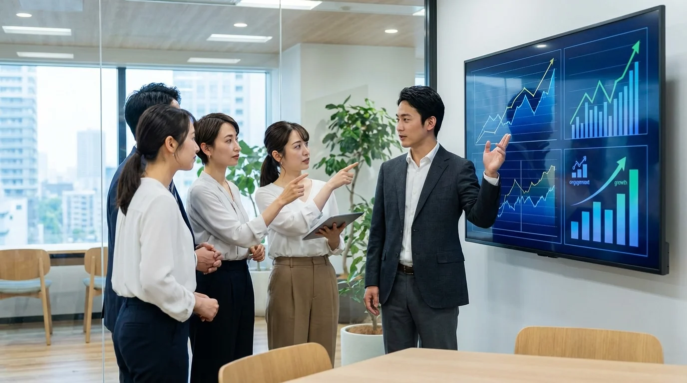 Professional marketing team analyzing customer data on a large screen, focusing on fan engagement metrics and community growth trends in a modern office setting without logos or brand elements.
