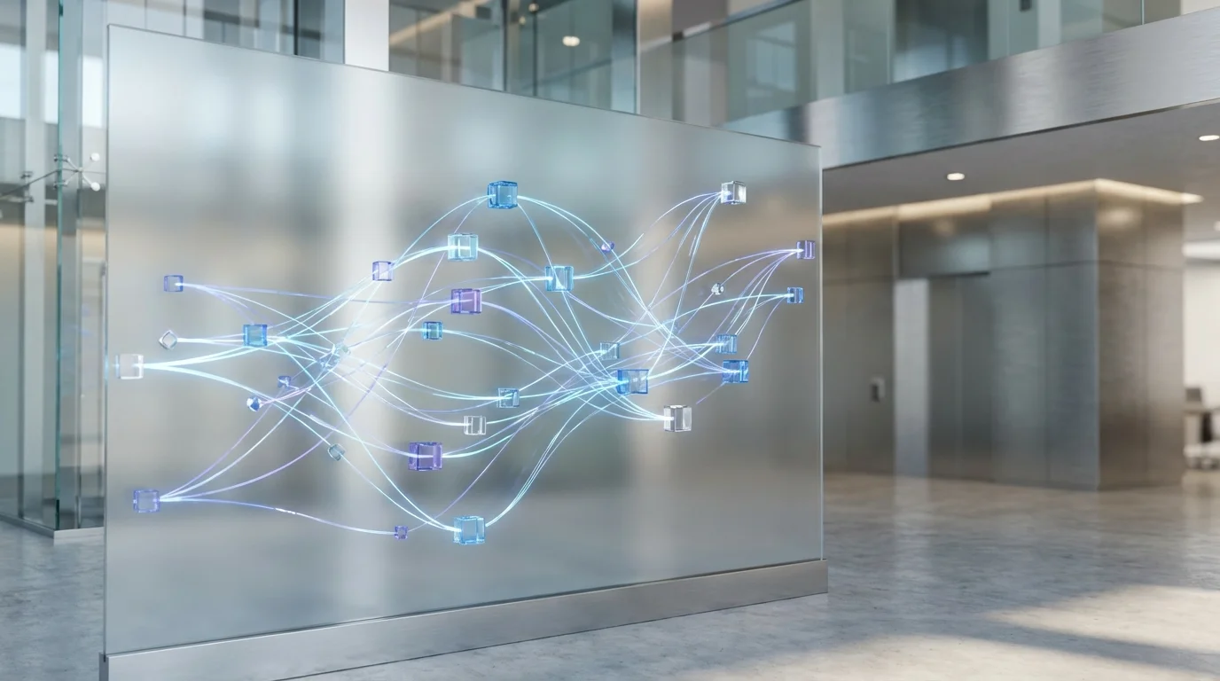 Abstract data visualization showing interconnected nodes representing customer touchpoints and personalized communication flows in a high-tech business environment without company signage.
