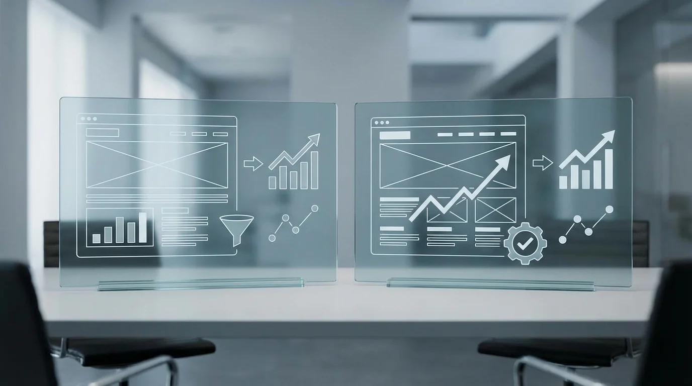 A conceptual visual representing E-commerce A/B testing strategy, showing two different webpage layouts side-by-side with statistical growth charts and conversion rate optimization icons.