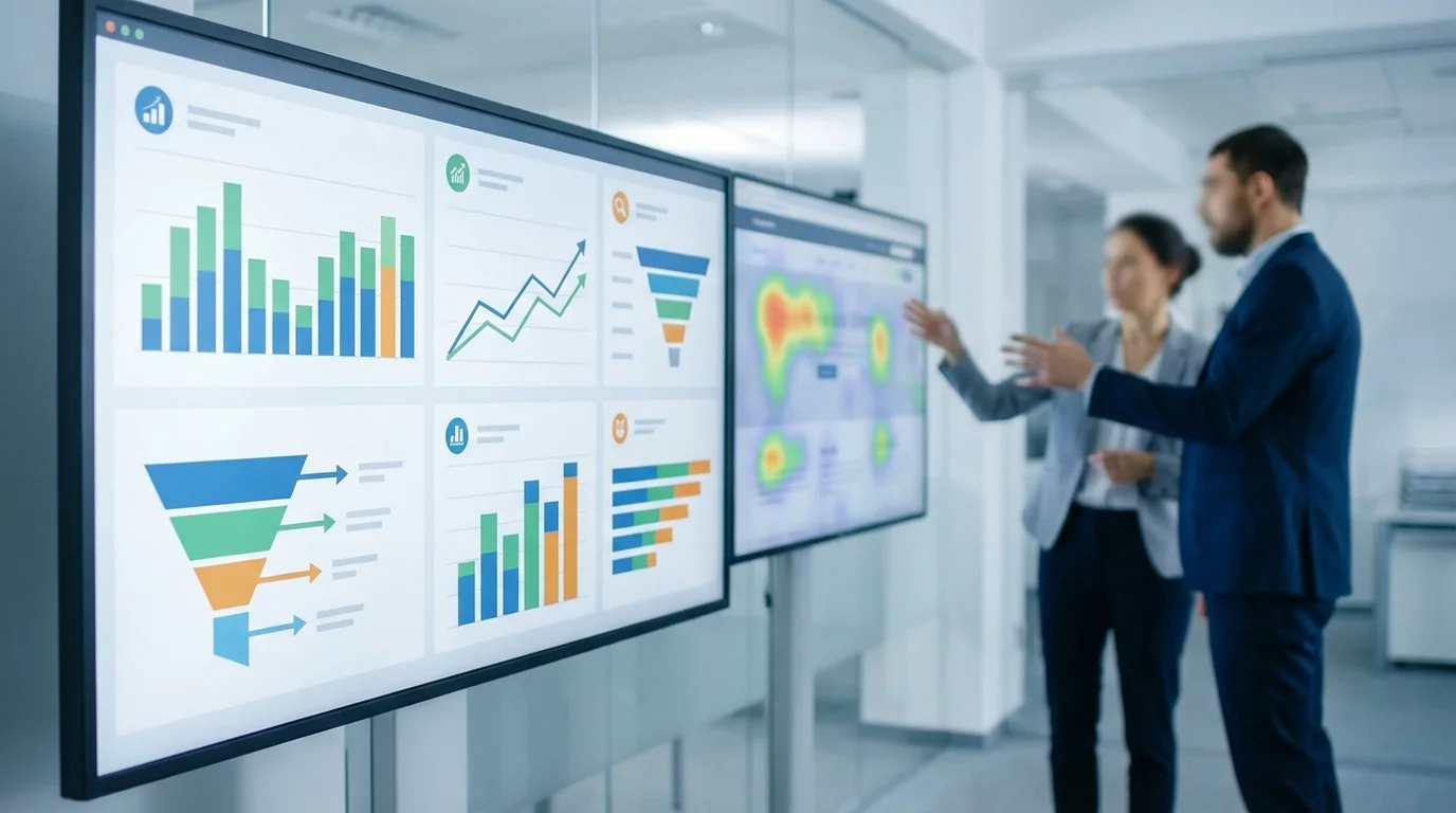 A detailed data analytics dashboard showing real-time e-commerce performance metrics, conversion funnels, and user behavior heatmaps for professional digital marketing analysis.