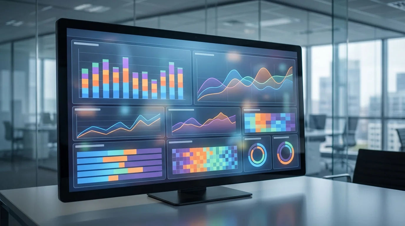 Digital dashboard showing complex e-commerce analytics, customer behavior patterns, and segmentation metrics with colorful bar graphs and line charts on a sleek modern interface.