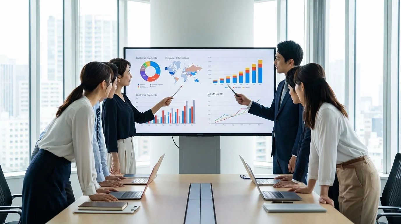 Professional team in a bright office discussing customer segmentation strategy using data visualizations on a large screen, focusing on business growth and marketing ROI.