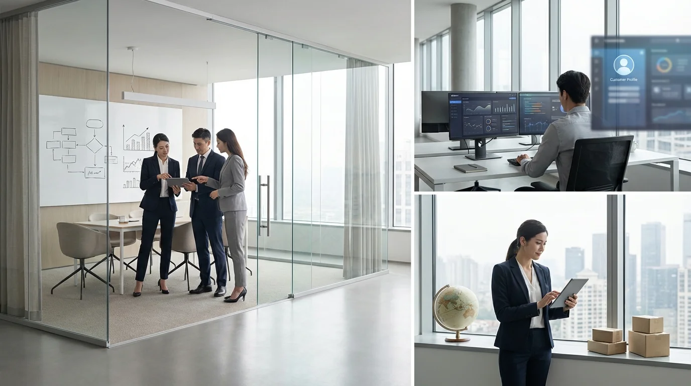 Professional business environment illustrating strategic planning, digital marketing execution, and customer relationship management optimization for scaling e-commerce brands.